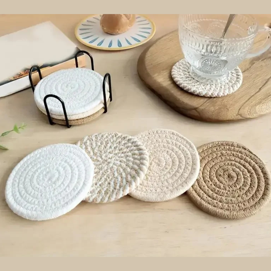 Cotton Woven Drink Coasters – Minimalist Round Table Mats, 4 or 8 Pieces