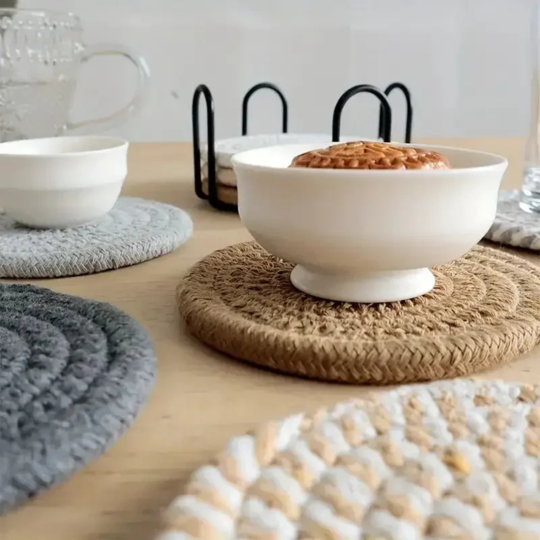 Cotton Woven Drink Coasters – Minimalist Round Table Mats, 4 or 8 Pieces
