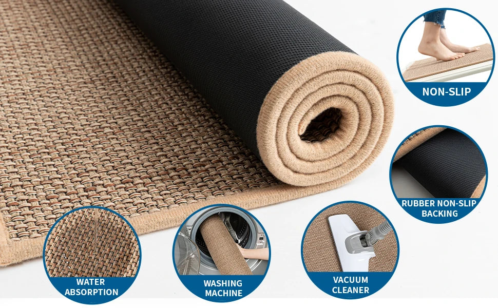 Washable Kitchen Runner Rug – Non-Slip Faux Sisal Mat with Natural Rubber Backing
