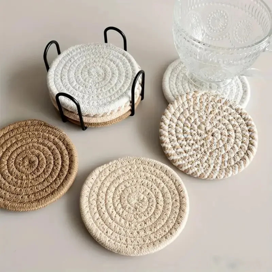 Cotton Woven Drink Coasters – Minimalist Round Table Mats, 4 or 8 Pieces